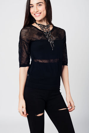 Black Knitted Top With Lace Contrast Detail