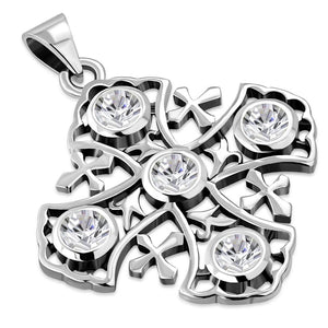 Jerusalem Cross Silver Pendant Set W/ Clear CZ