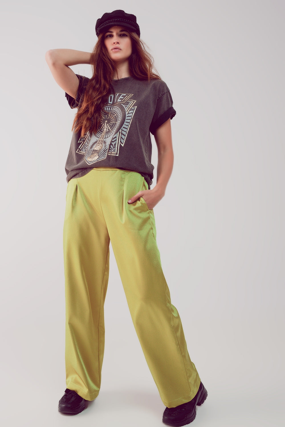 Pantalon large en satin, couleur citron vert acide