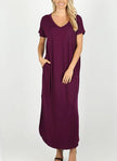 Short Sleeved Side Slit Oversized V-Neck Pocket Maxi Dress