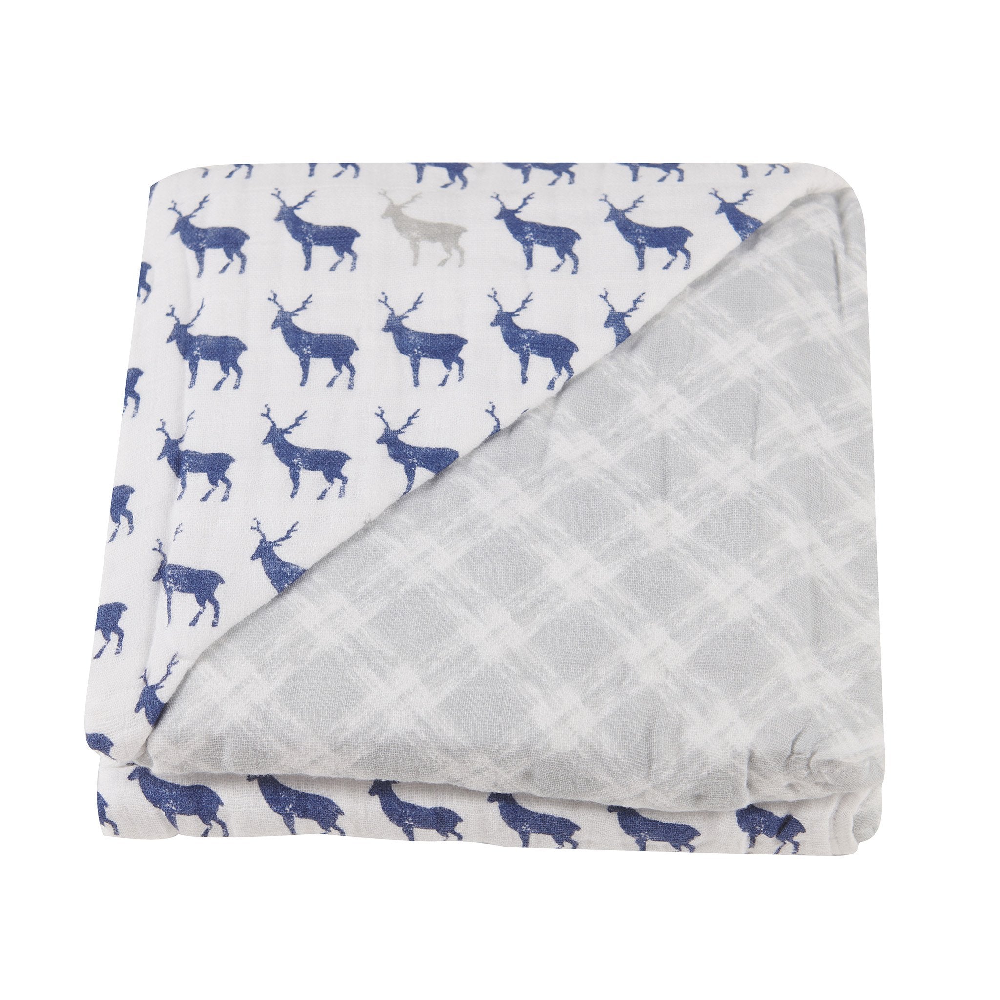 Blue Deer and Glacier Grey Plaid Cotton Muslin Newcastle Blanket