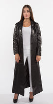 Ladies 3 Button Matrix Black Full Length Leather Coat