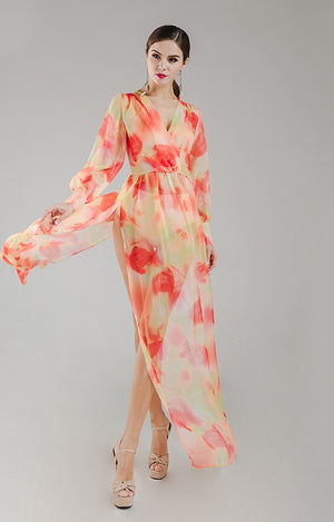 Orange Chiffon Floral Maxi Dress