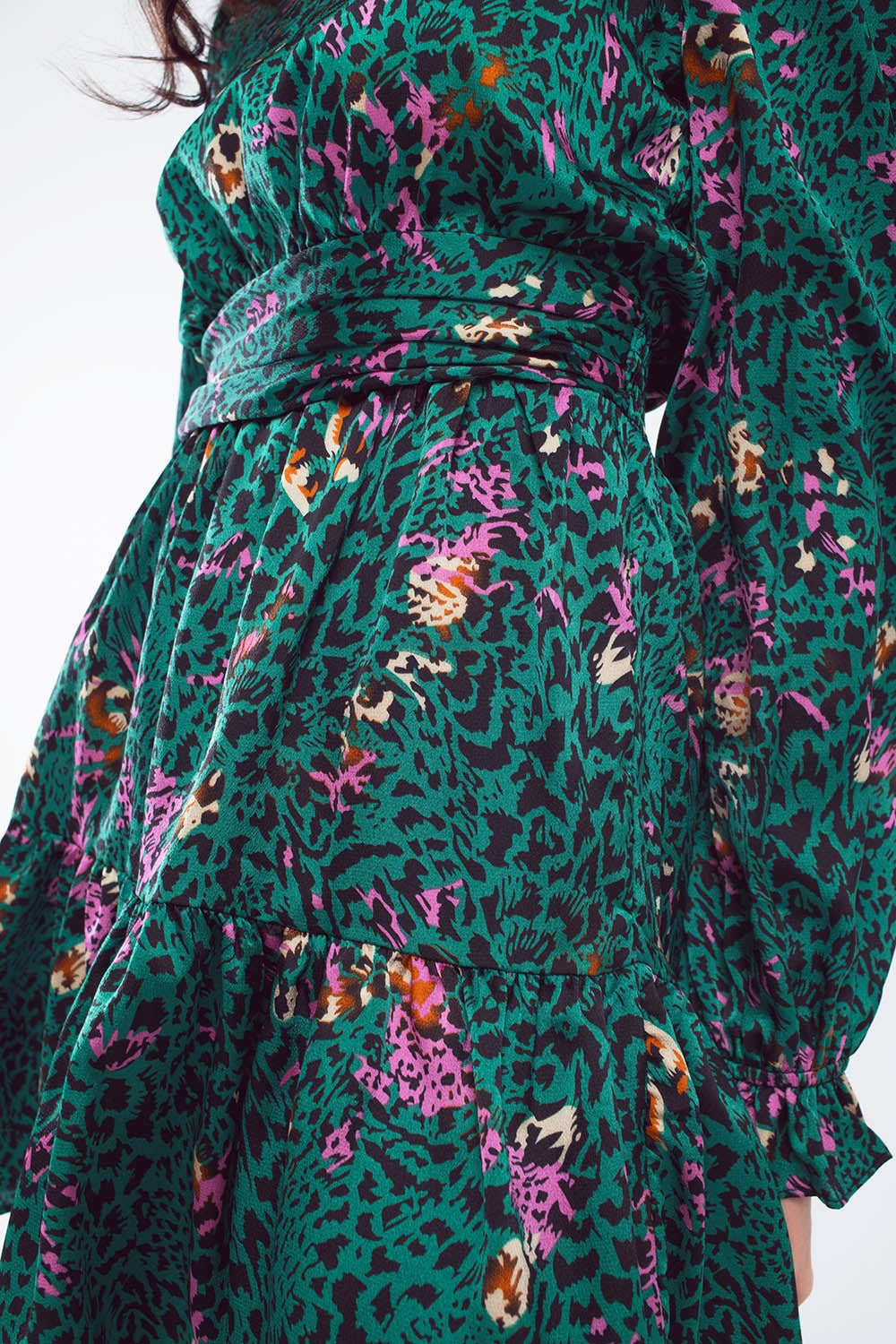 Short Printed Dress With Tiered Skirt and Ruffled Cuff in Forest Green