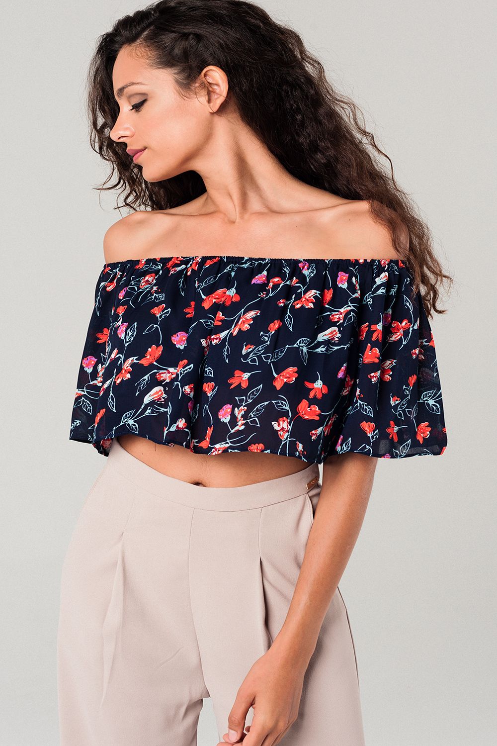 Off Shoulder Floral Crop Top in Navy