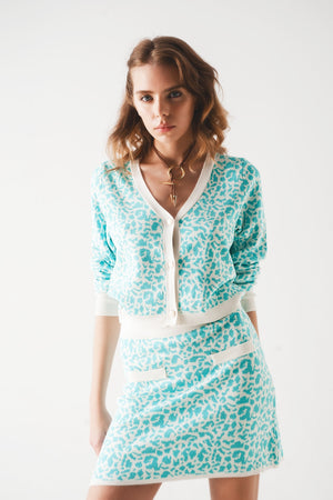 Cardigan tricoté léger à imprimé animal turquoise