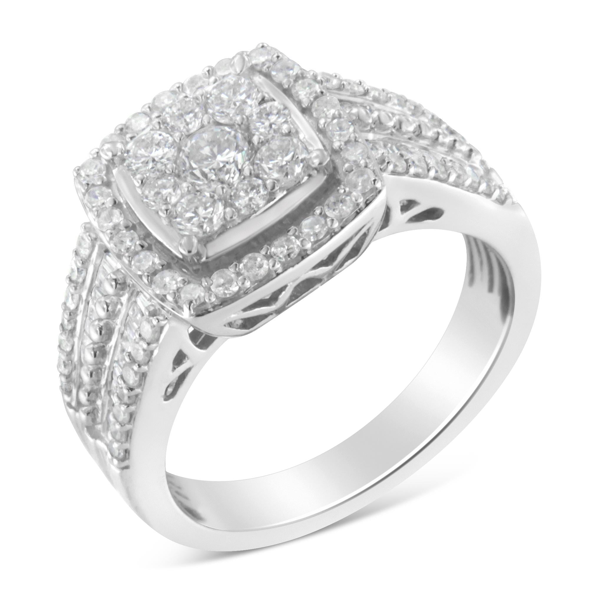 Bague en grappe de diamants en or blanc 10 carats (1 carat au total, couleur HI, clarté I1-I2)