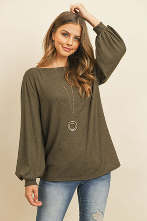 Puff Sleeved Boat Neck Two Toned Brushed Hacci Top