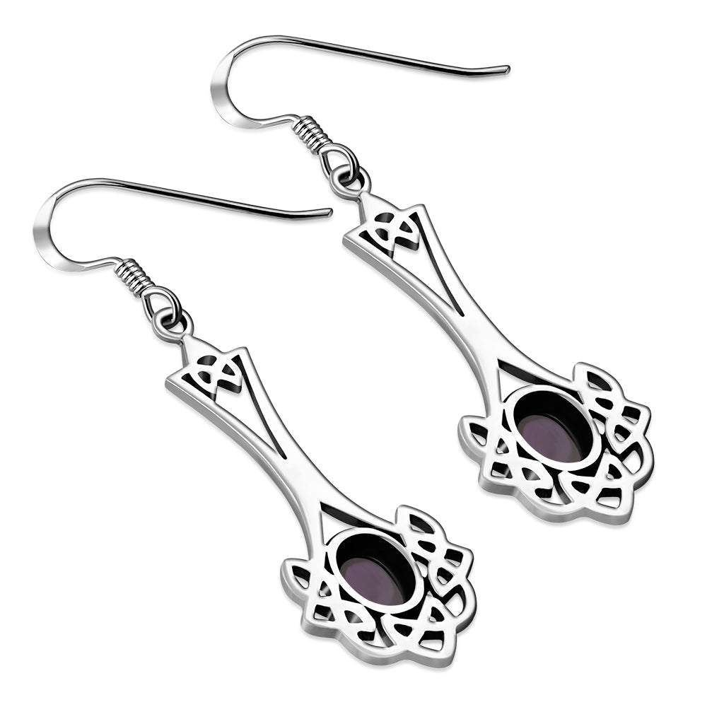 Boucles d'oreilles longues en argent avec nœud celtique en pierre d'améthyste