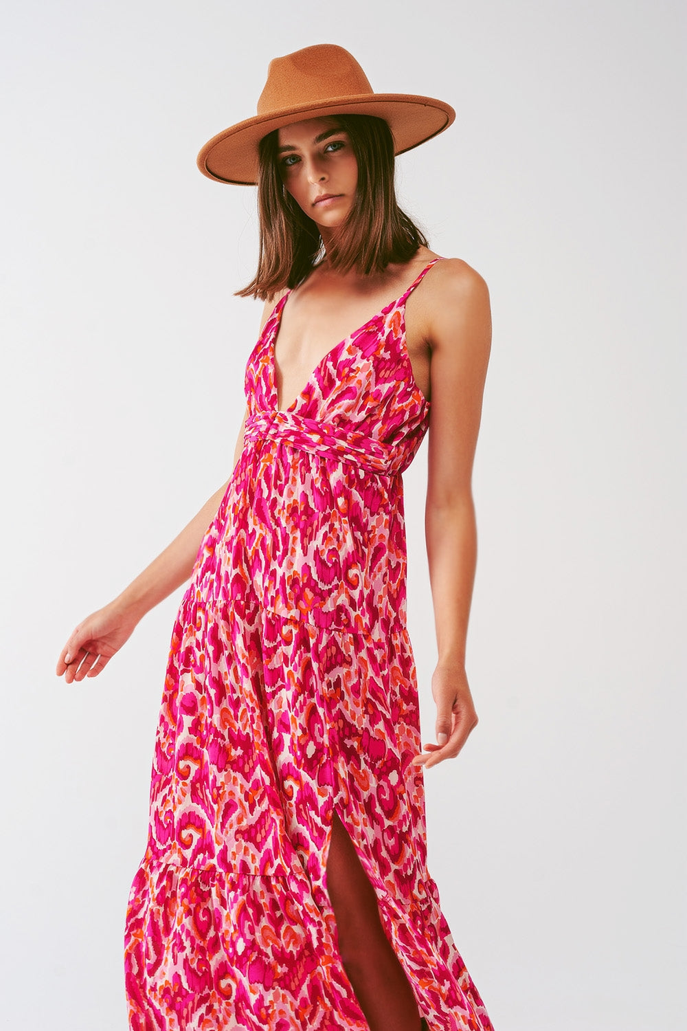 Floral Print Maxi Dress With v Neck in Pink