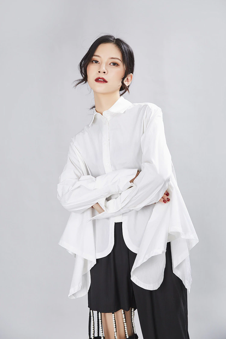 Sonoya Lapel Long Sleeve Irregular Hem Shirt