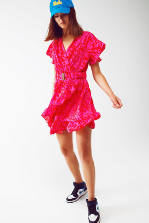 Wrap Belted Animal Print Mini Dress in Fuchsia