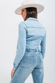 Skinny Fit Western Denim Shirt in Light Wash Blue