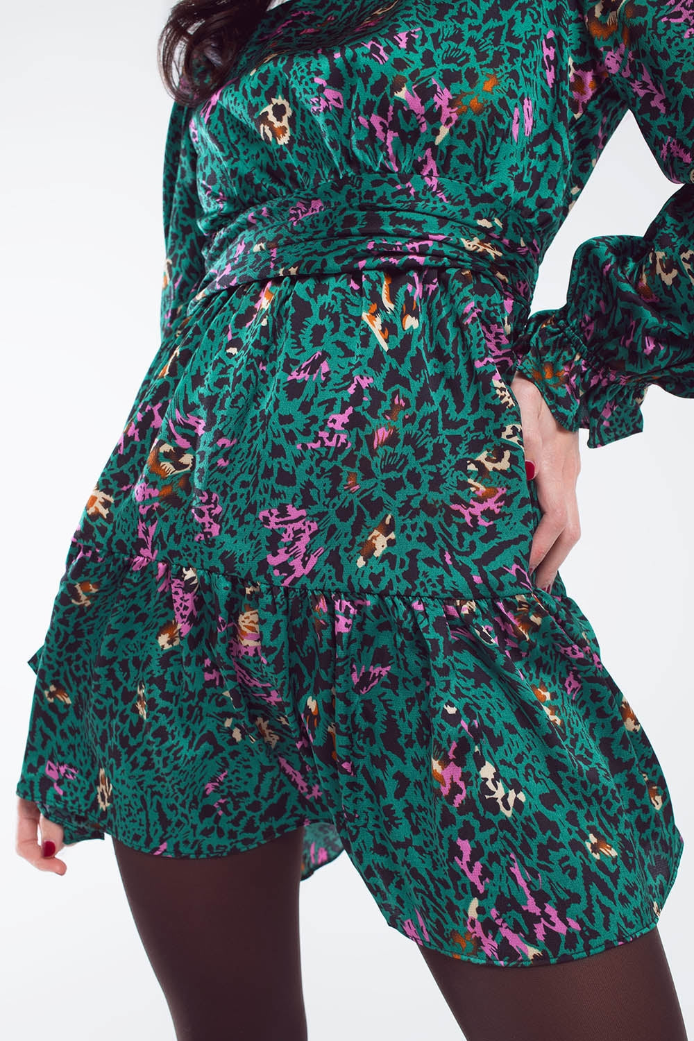 Short Printed Dress With Tiered Skirt and Ruffled Cuff in Forest Green