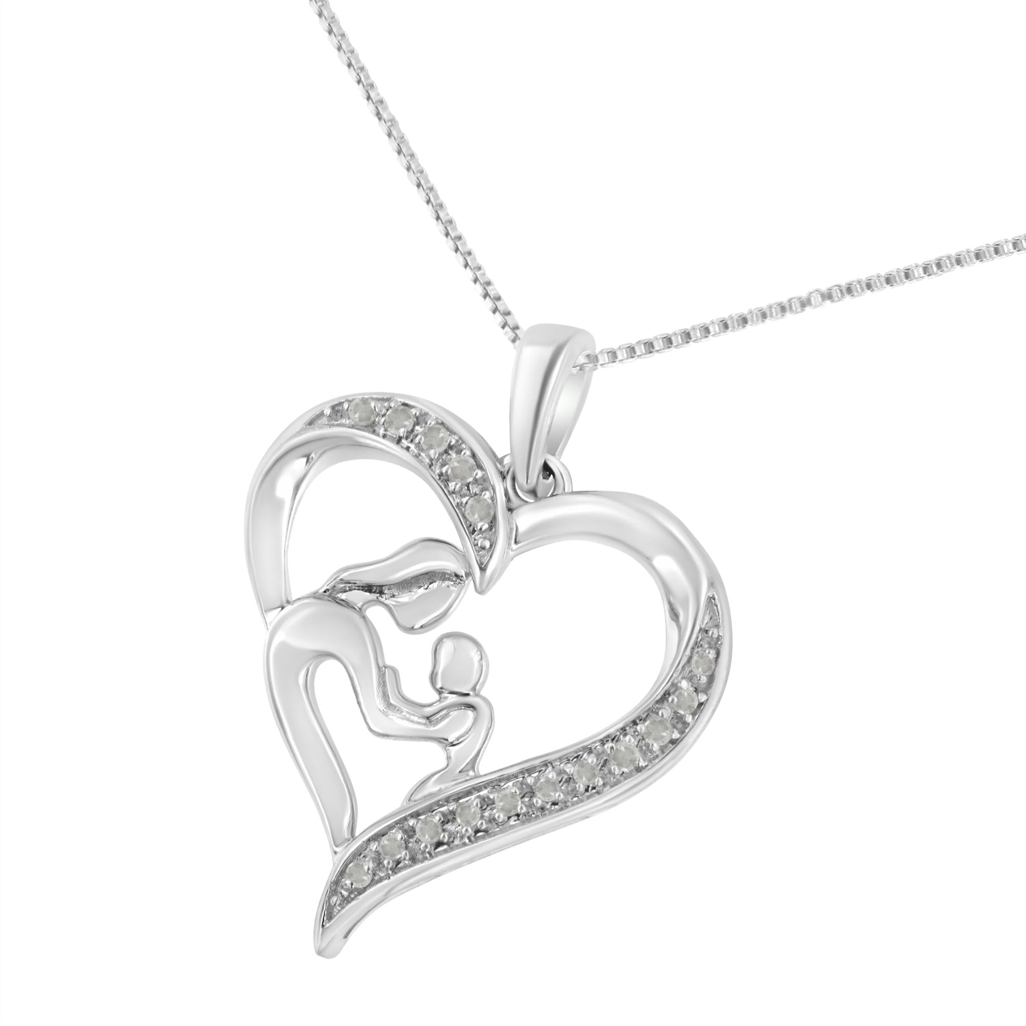 .925 Sterling Silver 1/10 Cttw Diamond Heart and Mother