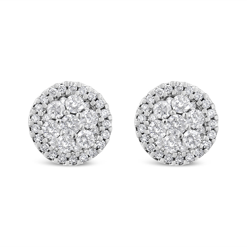 Bouton rond en grappe de style halo de diamants taille brillant en or blanc 14 carats 1,0 carat