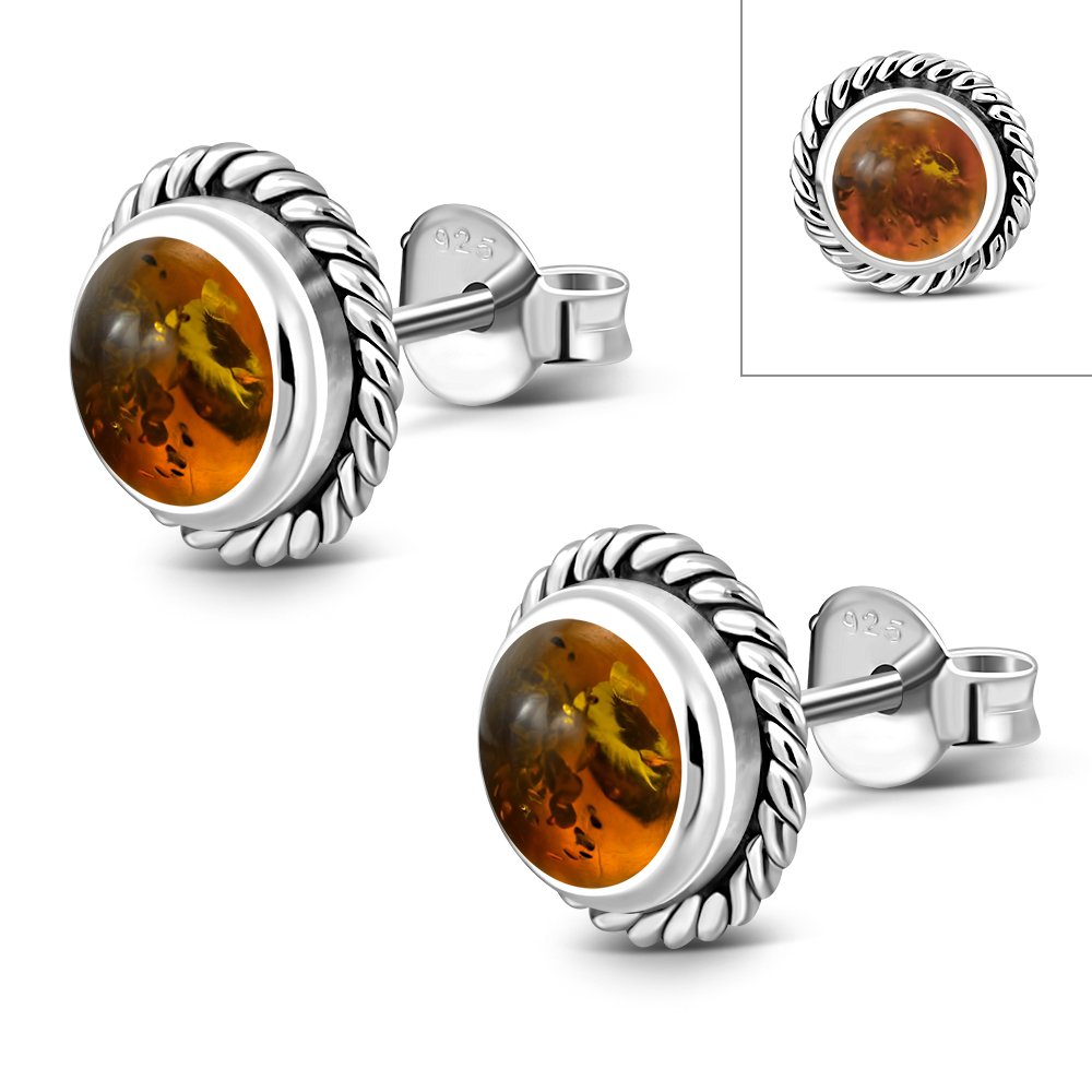 Round Baltic Amber Stud Silver Earrings