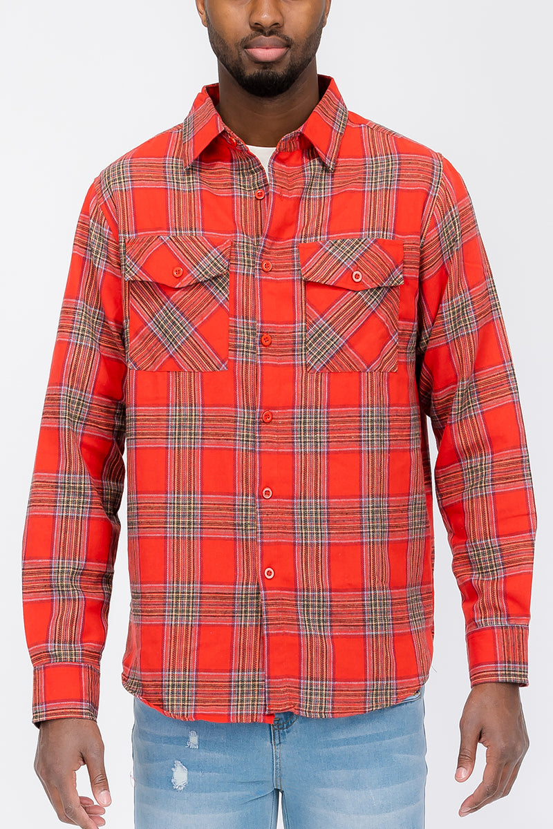 Long Sleeve Checkered Plaid Brushed Flannel